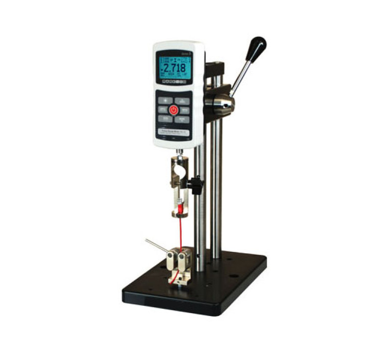 The lever operated ES10 test stand is useful for quick-action tension and compression tests. Shown here with Series 5 digital force gauge, G1001 wire terminal grip, and G1002 dual roller grip.