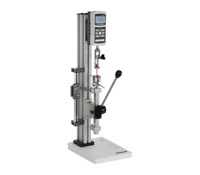 TSA750, equiped with the optional TSA001 digital travel display, engaged in a wire crimp pull test, with G1001 and G1002 grips, and a Series 7 force gauge.