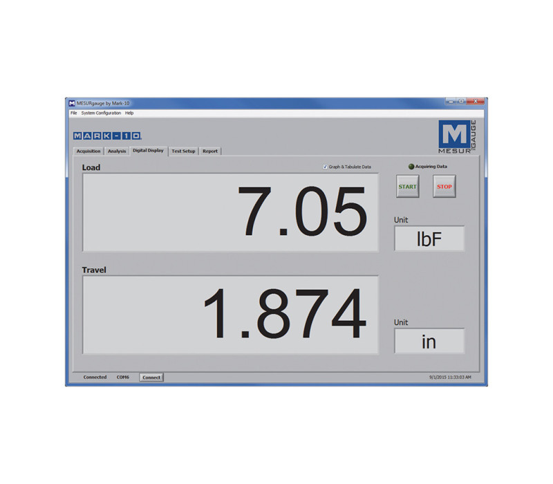 View real time load and travel readings on an enlarged simulated instrument display.
