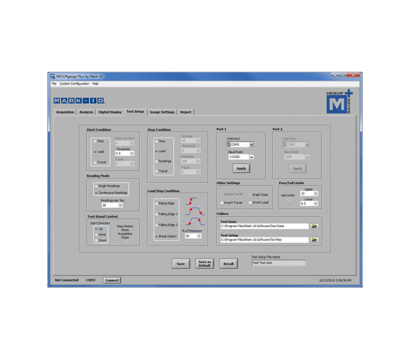 Configure test start and stop conditions, as well as motion control options in MESUR™gauge Plus.