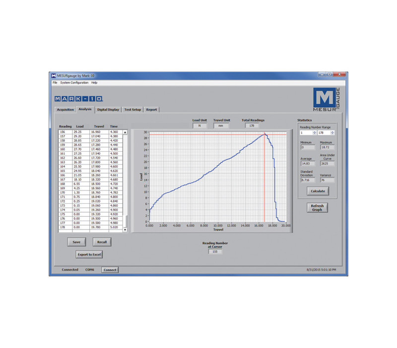 Analyze data post-test with a host of tools, including x-y cursor, statistical calculations, export to Excel, and more.