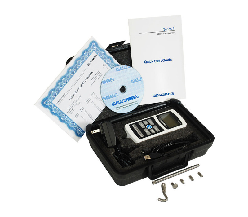 Series-4 Gauges include a carrying case, set of implements, universal voltage AC adapter, battery, quick-start guide, USB cable, resource CD (USB driver, MESUR Lite software, MESURgauge DEMO software, and user's guide), and NIST-traceable certificate of calibration with data.