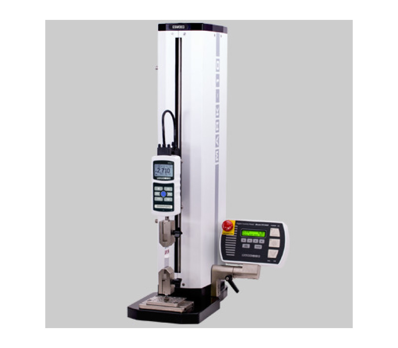 A Series-4 gauge is shown in a typical configuration mounted to a model ESM303 motorized test stand with pair of model G1061 wedge grips.