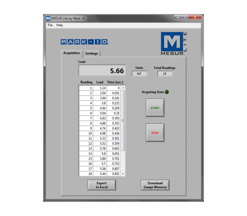 MESUR® Lite is a basic data collection program which tabulates data received from a Mark-10 Force or Torque Gauge and allows for exporting of data to Excel.
