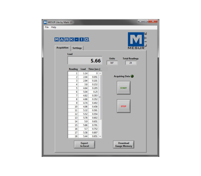 MESUR® Lite is a basic data collection program which tabulates data received from a Mark-10 force or torque gauge and allows for exporting of data to Excel.