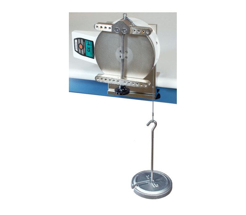 A Series TT01 torque tester is shown mounted to a workbench with the AC1036 calibration kit in use. Weights are not included.