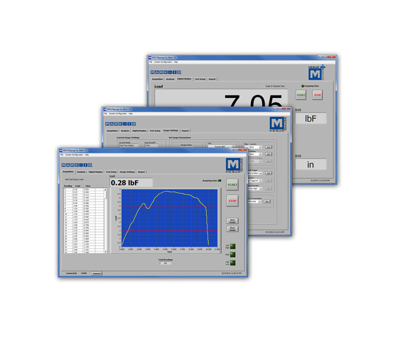The optional MESUR® gauge software is an advanced data collection program designed to interface with Mark-10 gauges and test stands. The program tabulates and plots load vs. time, and provides a number of sophisticated test setup, analysis, and reporting tools.