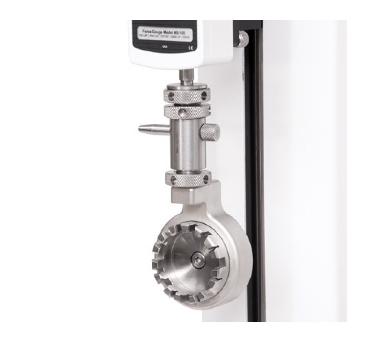 G1076 shown in a typical application with eye end adapter, digital force gauge and test stand