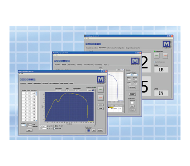 MESUR® gauge is an advanced data collection program designed to interface with Mark-10 gauges and test stands. The program tabulates and plots load vs. time, and provides a number of sophisticated test setup, analysis, and reporting tools.