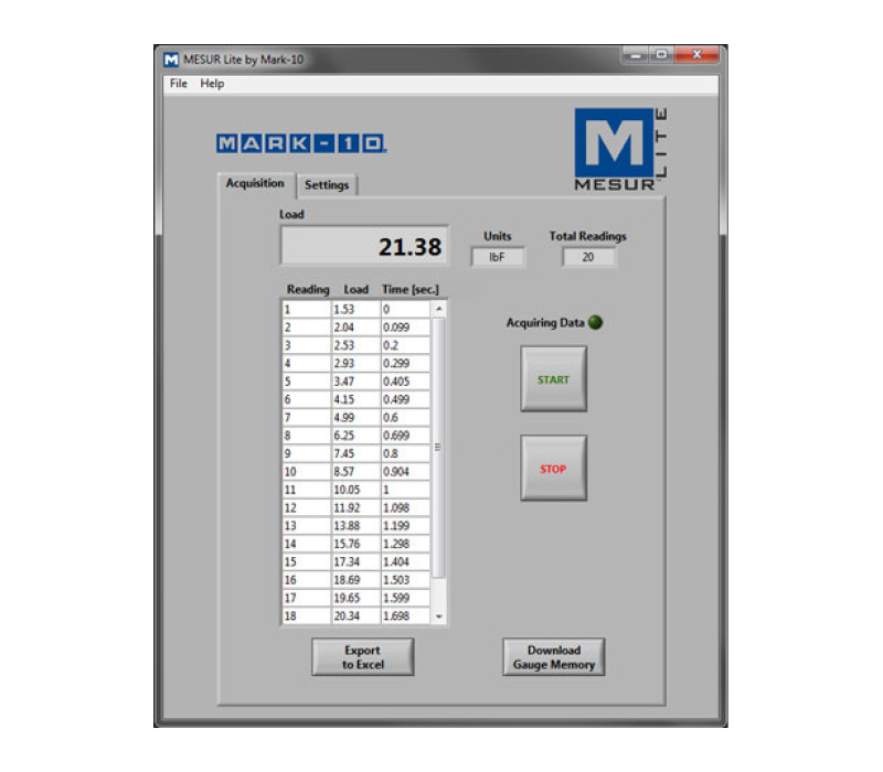 MESUR® Lite is a basic data collection program which tabulates data received from a Mark-10 force or torque gauge and allows for exporting of data to Excel.
