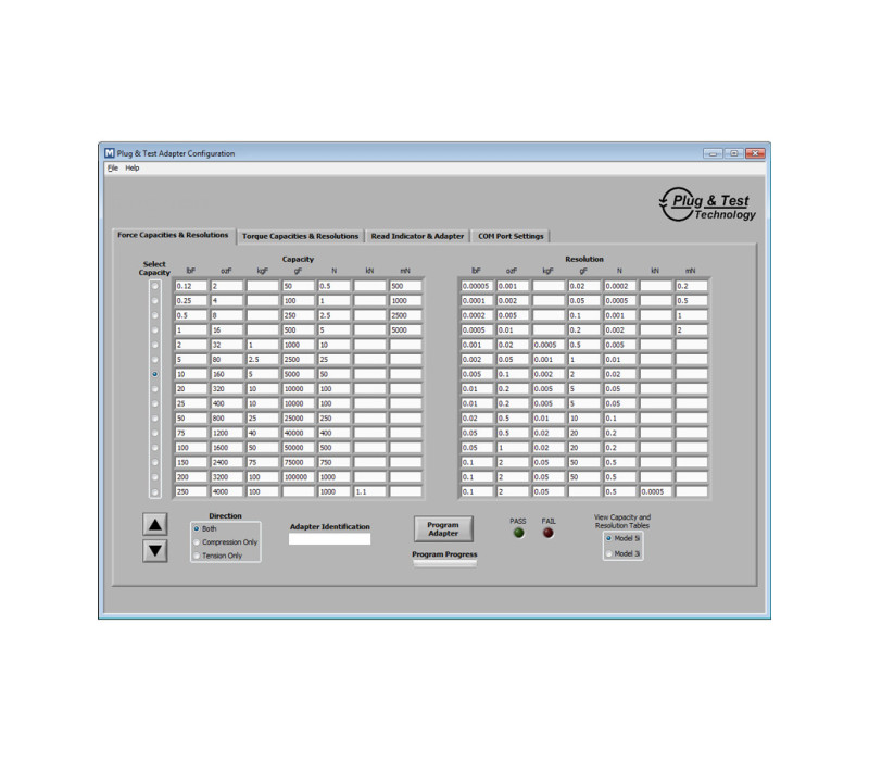 Plug & test software, select the desired force capacity, compression and/or tension and specify an identification number