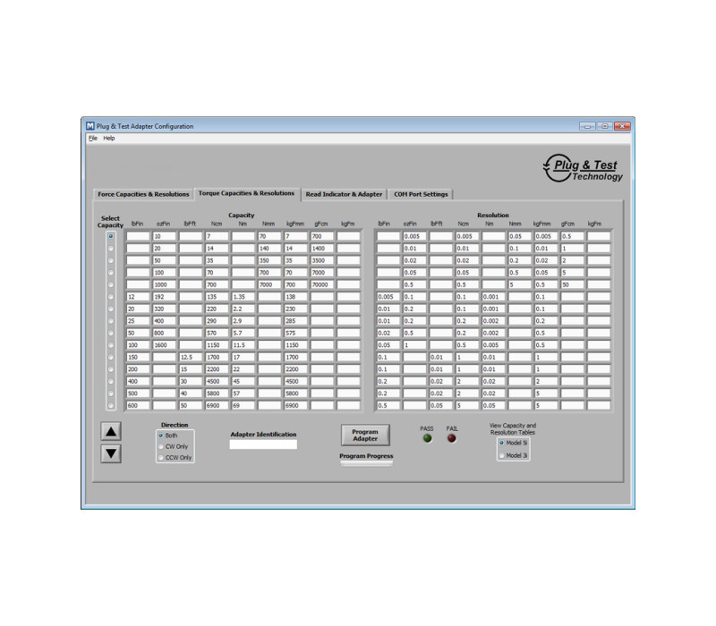 Plug & test software, select the desired torque capacity, direction and specify an identification number