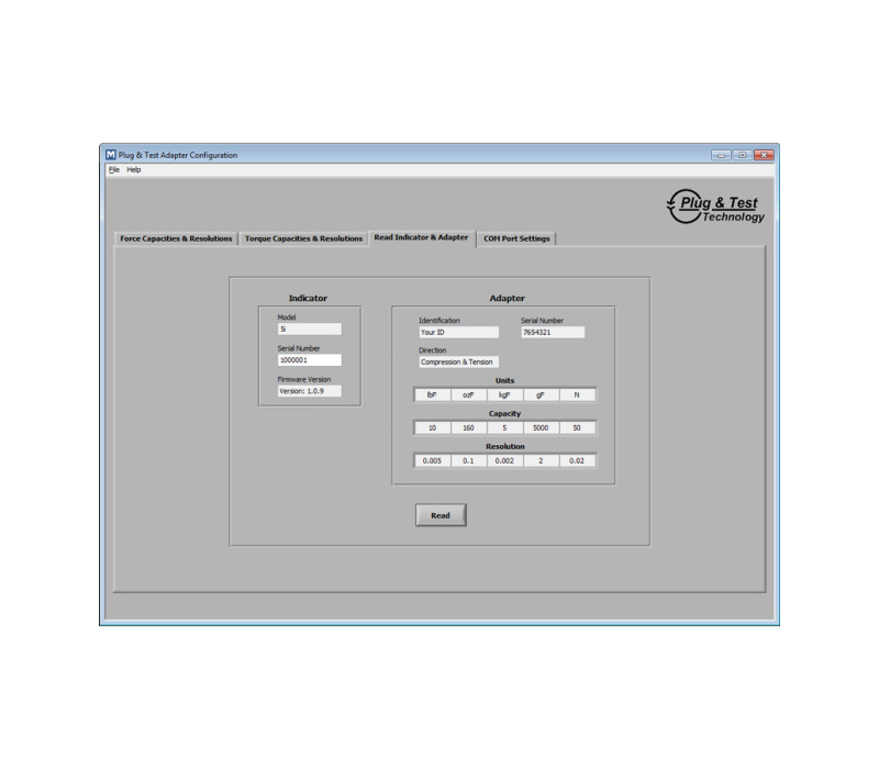Screen to view load capacity and resolution, indicator identification, and adapter identification information.