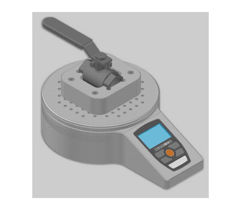 An example application showing a fixture used to secure a ball valve for a torque test. The matrix of threaded holes provides flexibility for fixture design and mounting.
