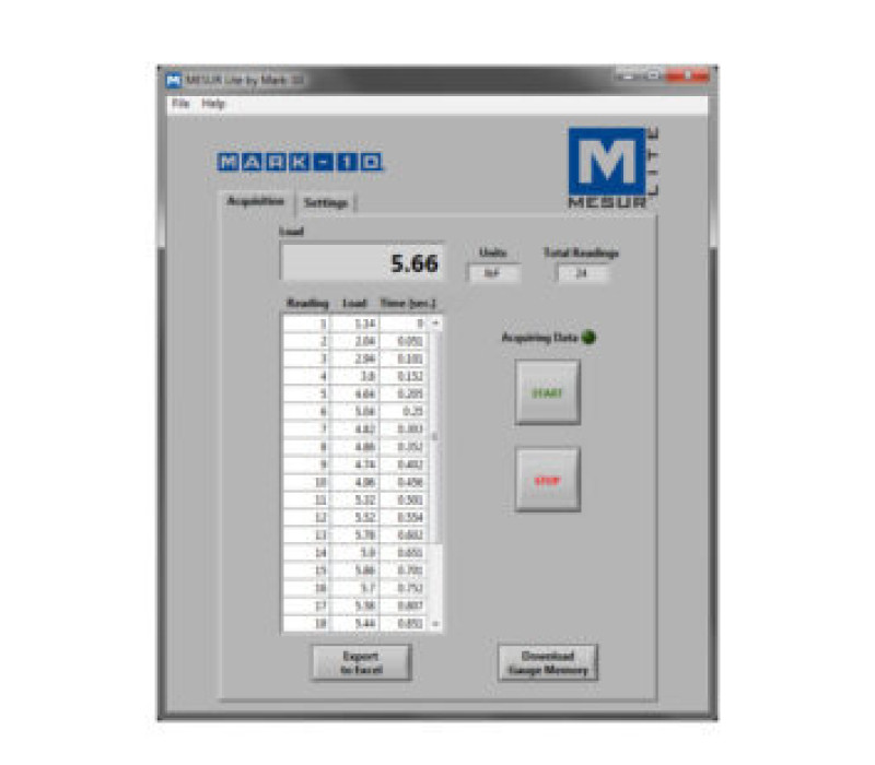 MESUR® Lite is a basic data collection program which tabulates data received from a Mark-10 force or torque gauge and allows for exporting of data to Excel.