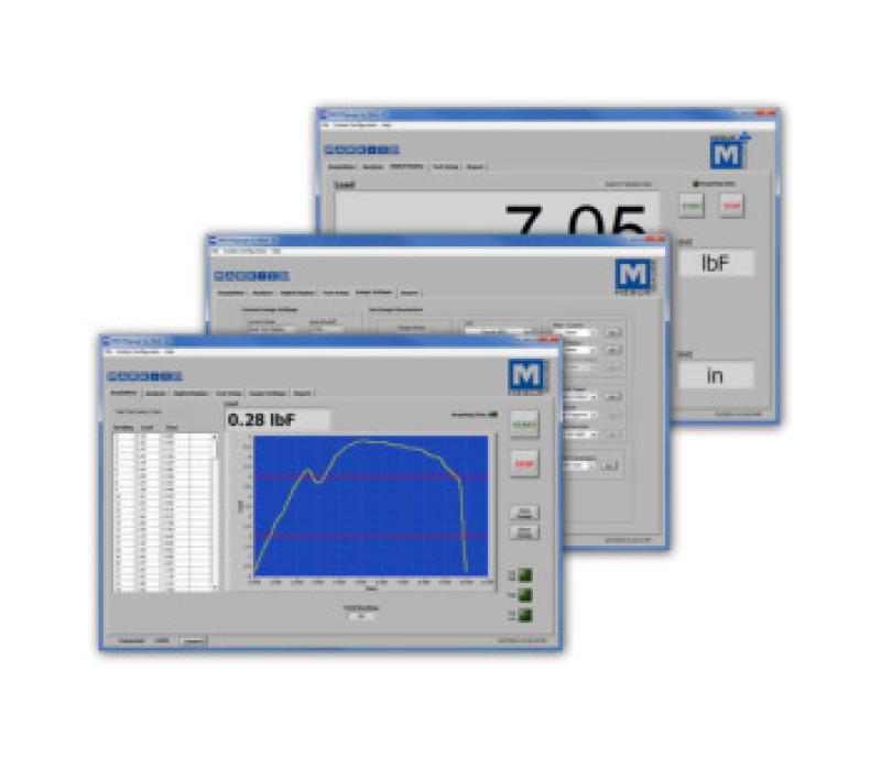 MESUR® gauge is an advanced data collection program designed to interface with Mark-10 gauges and test stands. The program tabulates and plots load vs. time, and provides a number of sophisticated test setup, analysis, and reporting tools.
