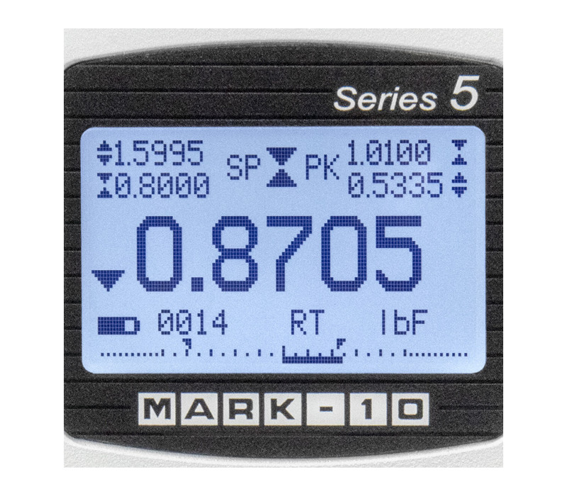 The backlit display features large, easily legible digits, static and kinetic coefficients of friction, set point indicators, analog load bar graph, and more.