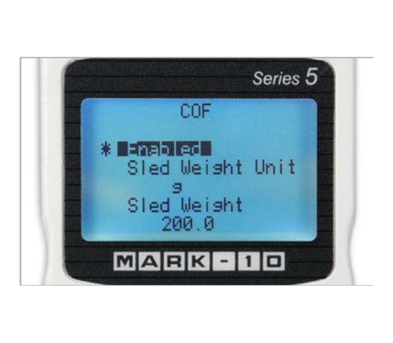 The COF is calculated based on the sled weight, adjustable from 100 to 1,000 g, to conform to various standards. A password can be set to protect settings from unauthorized changes.