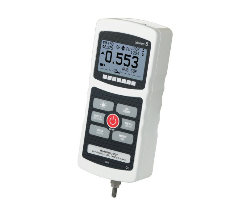 Model M5-2-COF coefficient of friction gauge can be used for static and kinetic coefficient of friction measurements.