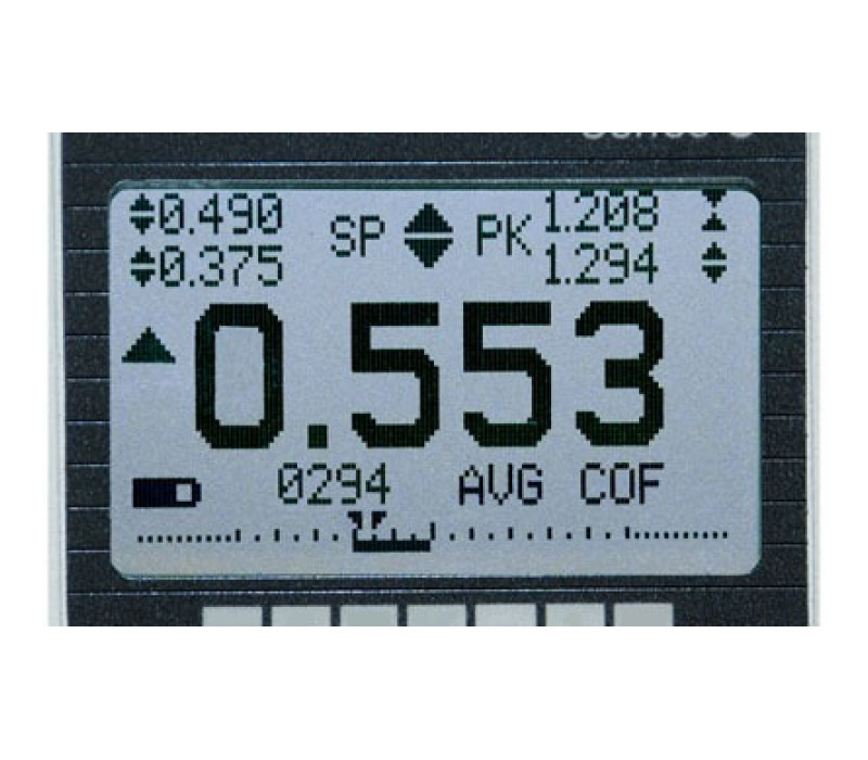 The M5-2-COF's backlit display features large, easily legible digits, static and kinetic coefficients of friction, set point indicators, analog load bar graph, and more.