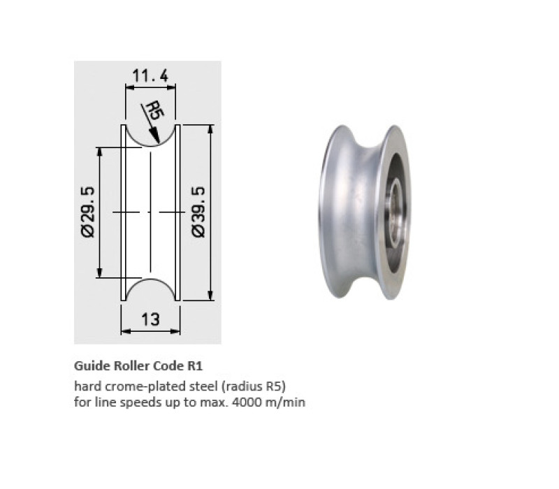 Code R1 - Line Speed vmax. … m/min 4000 / Hard chrome-plated steel (radius R5), for material diameter 3 – 9 mm