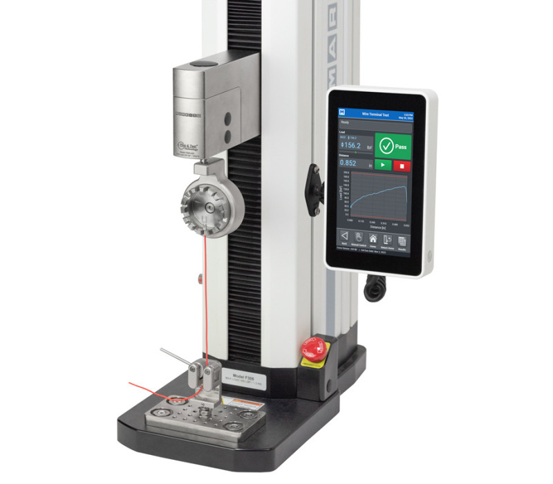 F305-EM wire pull tester with a G1076 wire terminal grip and a G1002 dual roller grip