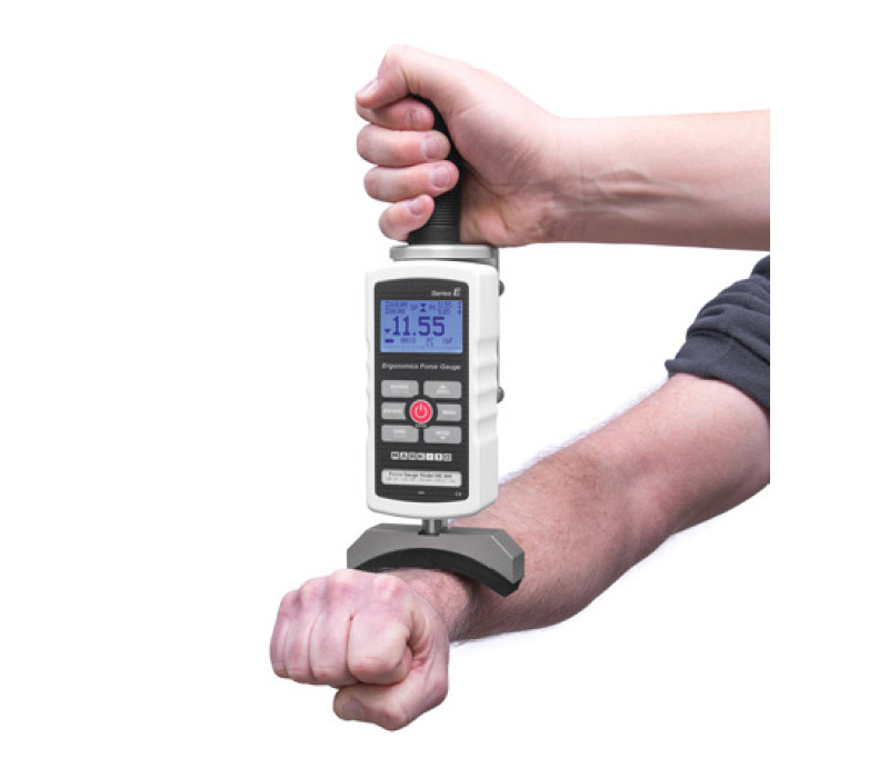 Series-E force gauge with E1008 single handle grip and padded attachment used in a clinical testing application.