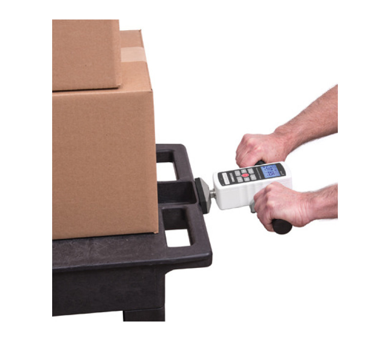 E1009 double handed grip and padded attachment mounted to a Series-E force gauge in a typical push testing application.