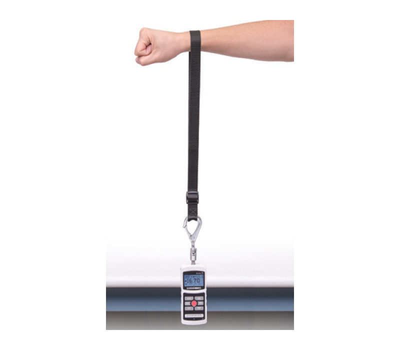 Myometer Kit E1013 with bench mounting bracket, strap used in a vertical orientation. (Requires E1006 hook, not included)