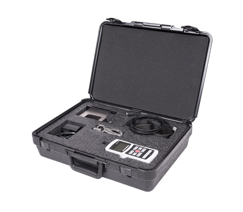 A cushioned carrying case accommodates the force gauge and all accessories.