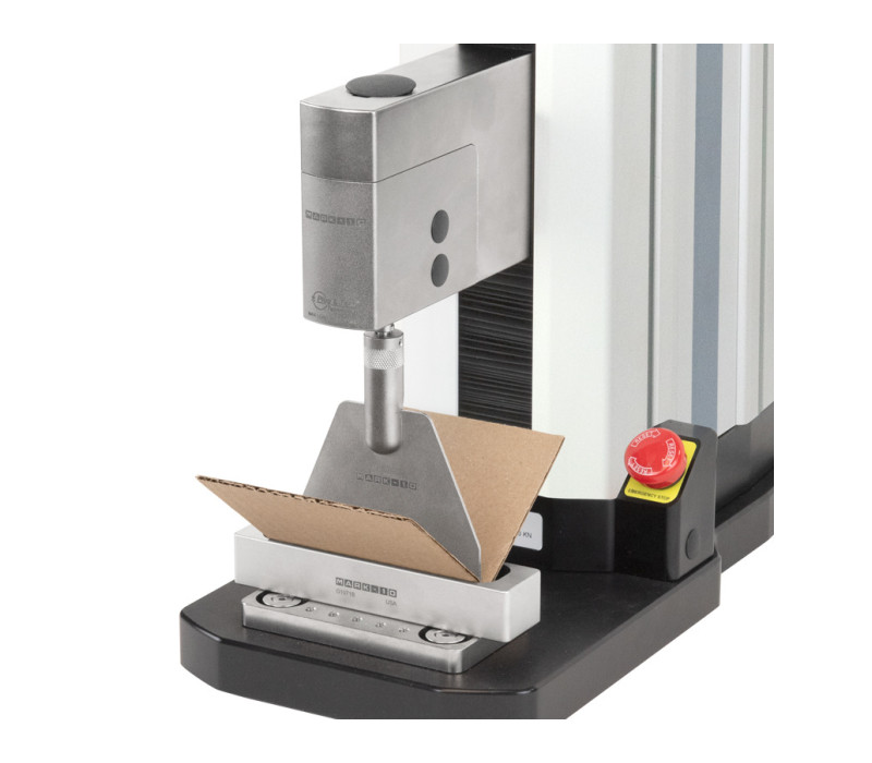 G1071 Score Bend Fixture mounted in a F305-EM Test Frame configured for a score bend test.