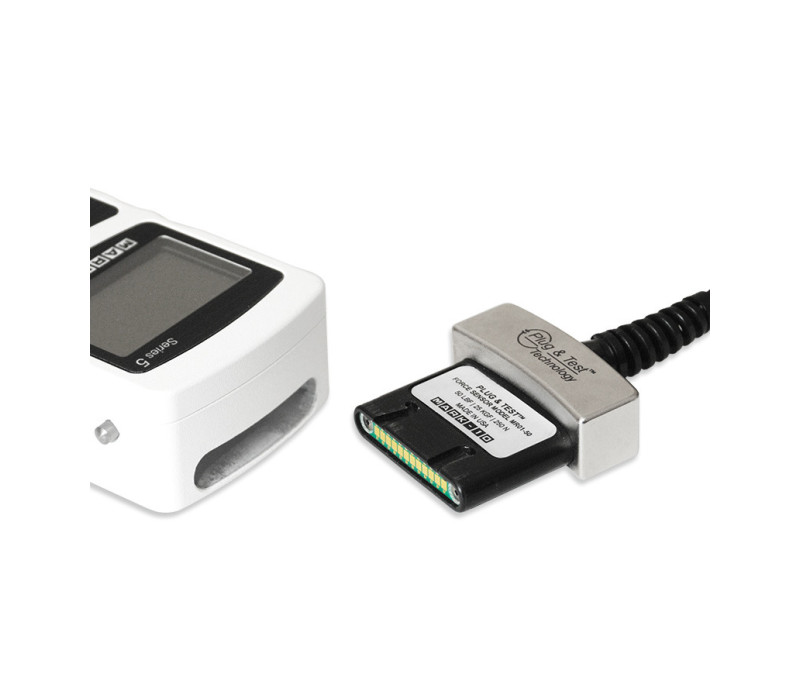 Unique Plug & Test® technology allows for interchangeable sensors to be used with a Mark-10 indicator. All calibration and configuration data is saved in the smart connector.
