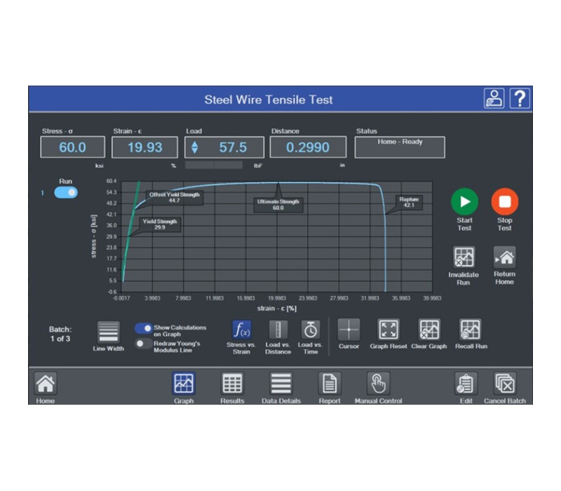 IntelliMESUR® plots stress vs. strain and displays a wide variety of materials testing calculations.