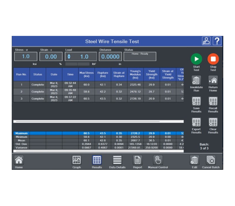 IntelliMESUR® tabulates test results, date/time stamps, system information, pass/fail status, and statistics for batches of runs. Export data or generate a report including the results, graph, system information, and notes.