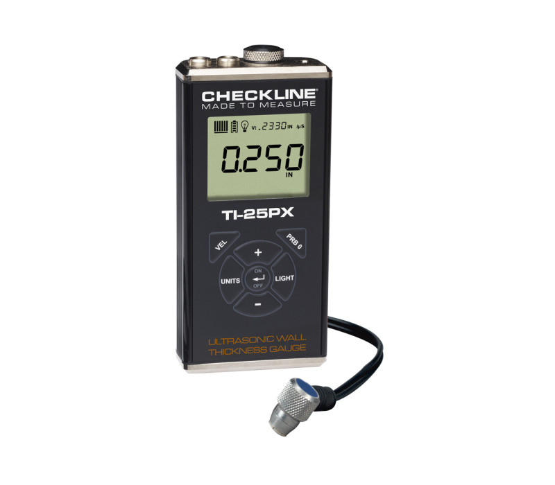 TI-25PX: Wall thickness gauge with 1 user-adjustable material setting; default setting is steel.